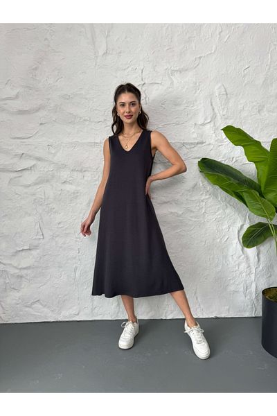 Elif Özbey Butik Anthracite Zero Sleeve Modal Dress