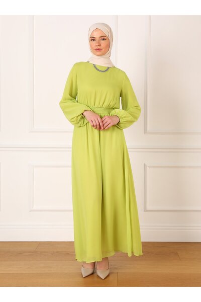Refka Lined Chiffon Hijab Dress with Elastic Waist - Yag Green -