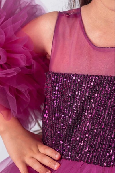 vestitino Girl's Evening Dress with Pompom Sleeves and Sequined Tutu