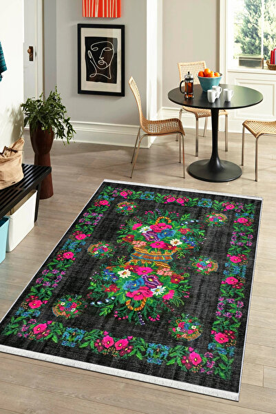 CENTER AVM Çiçekli Halı Salon Halısı Makinede Yıkanabilir Halı Kaymaz Taban Halı