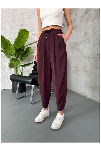 Elif Özbey Butik Plum Waist Rope Detailed Pleated Trousers