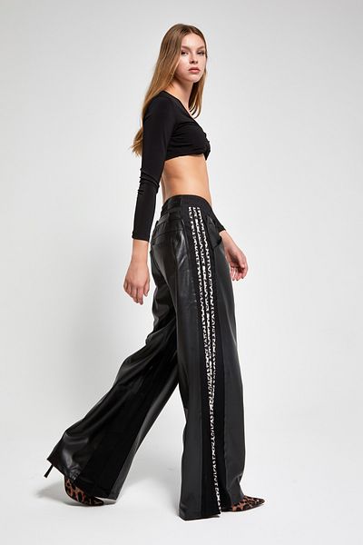 its basic Women's Black Color Leather Fabric Mixed Striped Design Trousers