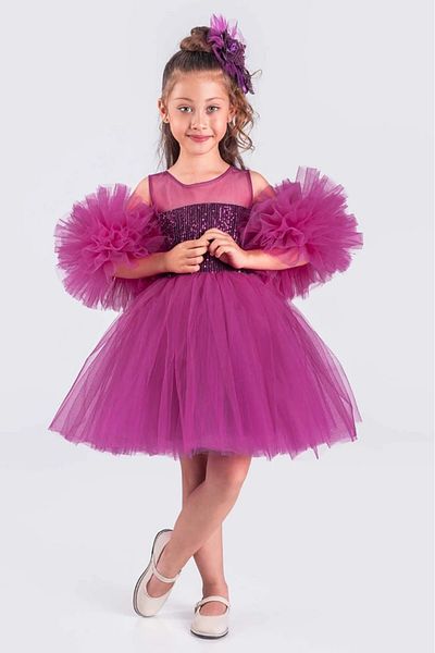 vestitino Girl's Evening Dress with Pompom Sleeves and Sequined Tutu