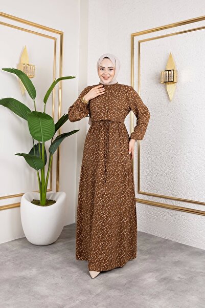 Nevayla Moda Φόρεμα Βισκόζης με Τραγανό Σχέδιο - Καφέ / E0127
