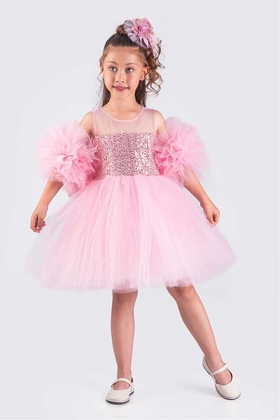vestitino Rochie de seara pentru fete cu maneca pompon cu paiete cu paiete