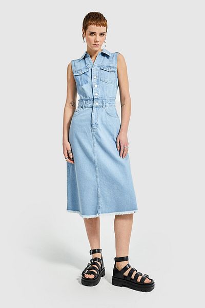 its basic Rochie de damă, culoare albastră, lungime midi, 100% bumbac, cu nasturi în față