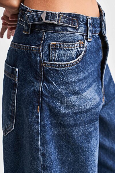 its basic Blugi lungi croială largă pentru femei, culoare albastră, cu centură ajustabilă în talie Lotus