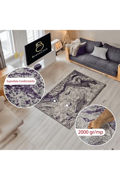 Brava Casa Covor Lunar Swirl, Mov si Crem, Fir Scurt 10 mm, 80x150 cm, 2000 g/m², BravaCasa