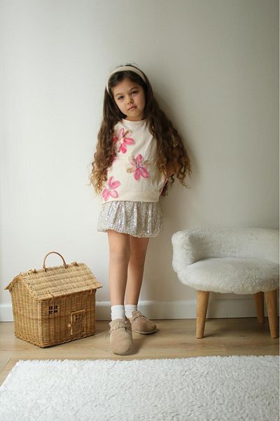 Lolliboomkids Κοριτσίστικο Tshirt - Βαμβακερό τούλι Floral απλικέ λεπτομέρεια, ασημί χρώμα Μίνι μπαλόνι φούστα κάτω κοστούμι