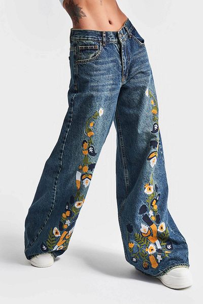 its basic T.Jeans Χρώμα Κεντημένο Palazzo Fit Γυναικείο Τζιν - Σχέδιο