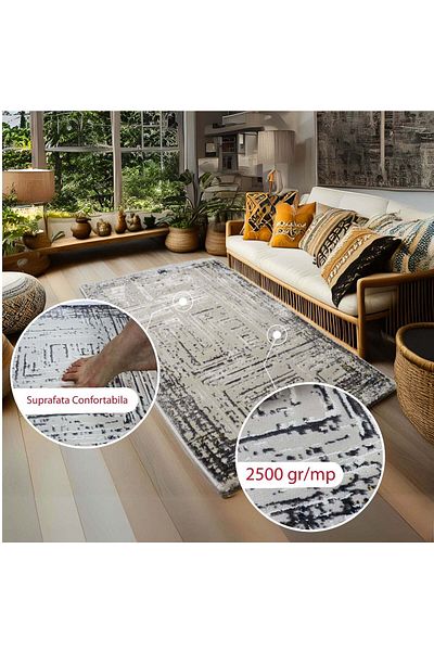 Brava Casa Covor Athenos Quadria, Negru, crem, maro, , Fir Scurt 8 mm, 80x150 cm, 2500 g/m , BravaCasa