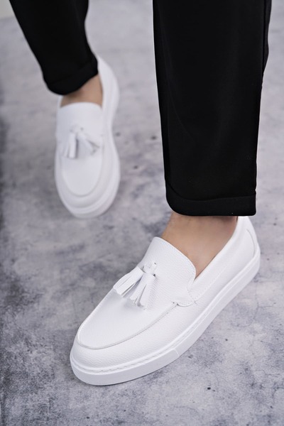 Zerenyus SLW153 Bloom Laceless Tasseled Skin Ανδρικά καθημερινά αθλητικά κλασικά παπούτσια BT - Λευκό