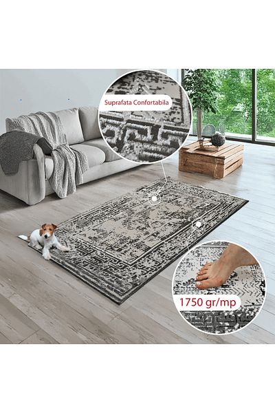 Brava Casa Covor Olympus Grid, Gri si Crem, Fir Scurt 8 mm, 100x200 cm, 1750 g/m², BravaCasa