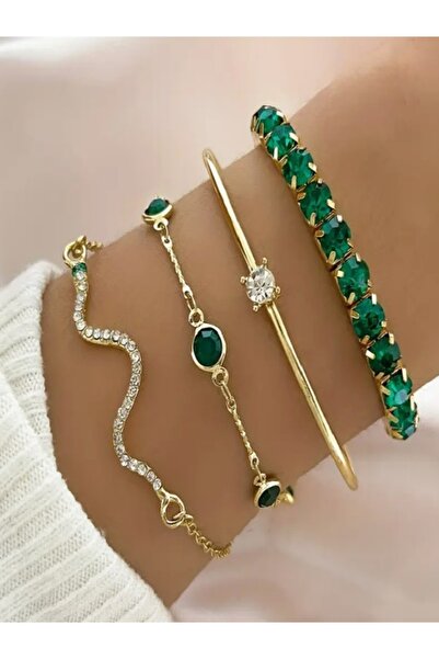 MK AKSESUAR 4 adet Şık Vintage Taşlı ve Yeşil Taşlı Bilezik Seti