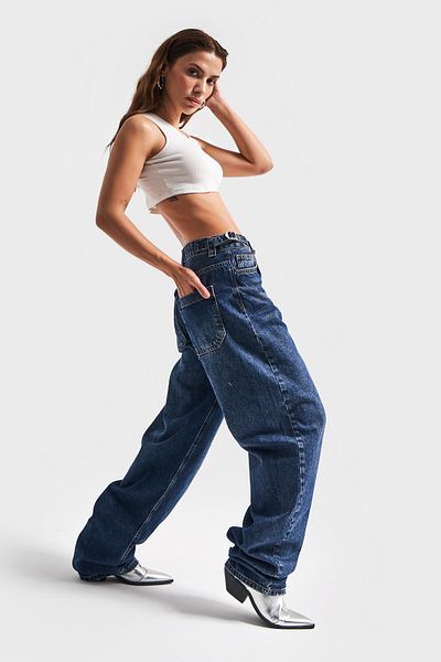 its basic Blugi de damă de culoare albastră cu centură ajustată în talie