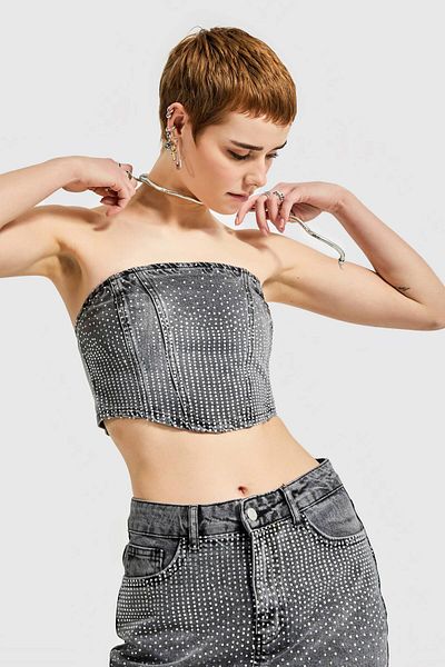 its basic Women's Smoked Color Strapless Bustier with Shiny Stones on the Front