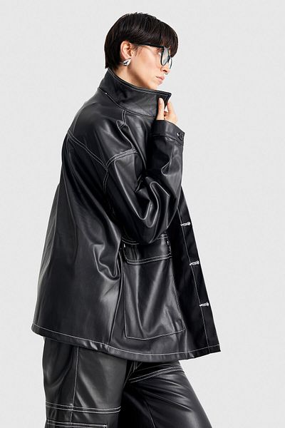 its basic Women's Black Color Contrast Stitched Oversize Raised Faux Leather Jacket