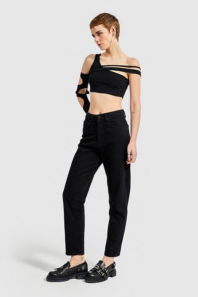 its basic Mercan Women's Black Od Stonewashed Black Color High Waist Mom Mold Jean