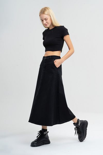 its basic Women's Black Black Od Color A Type Cut Denim Skirt