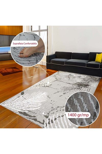 Brava Casa Covor Noir Leaf Elegance, Gri, Crem , Fir 8 mm, 100x200 cm, 1400 g/m², BravaCasa