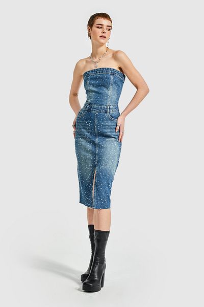 its basic Women's Tint Jeans Color Lycra Shiny Jewelled Strapless Denim Dress