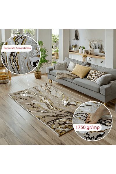 Brava Casa Covor Mirage, Negru, Maro, Auriu, Alb, , Fir Scurt 8 mm, 80x150 cm, 1750 g/m , BravaCasa