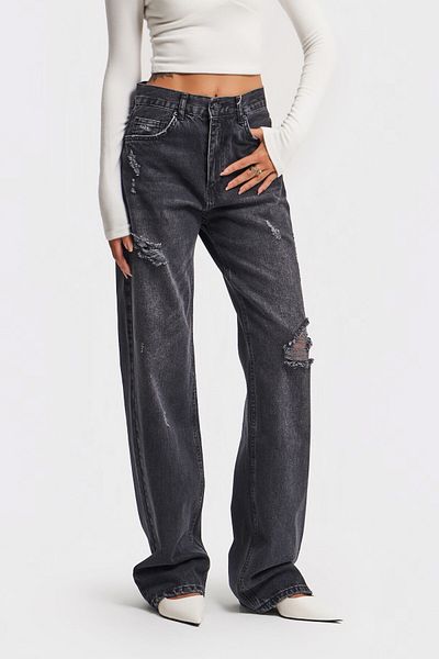 its basic Dámský střih Denim Smoked Color Roztrhaný Detail Volný 100% bavlna