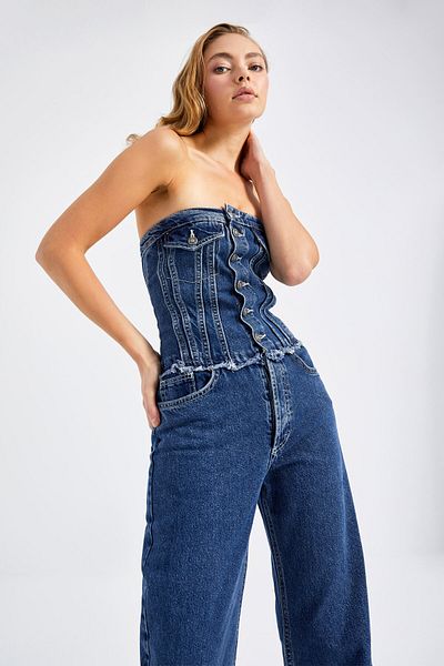 its basic Women's Blue Color Wide Leg Fit Front Buttoned Strapless Denim Jumpsuit