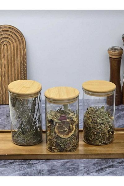 Araste Çerçeve & Dekorasyon Set of 3 Glass Storage Jars with Bamboo Lids |   Transparent Spice and Dry Food Storage Container