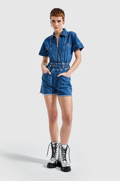 its basic Blugi de damă, culoare albastră, cu talie elastică, 100% bumbac, pantaloni scurți din denim