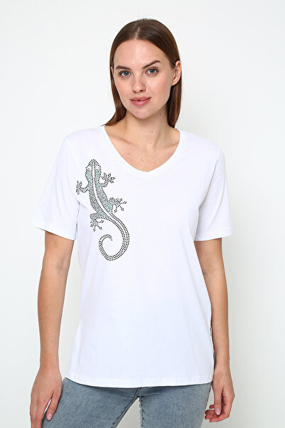 Oasis V-подібний виріз, розрізи з боків, принт у вигляді ящірки, жіноча туніка з каменем