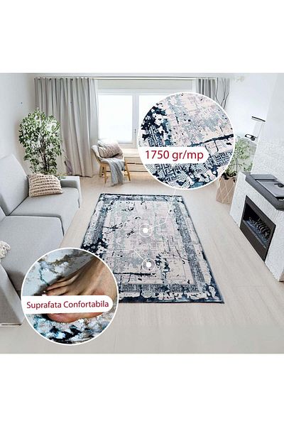 Brava Casa Covor Bluessette Marine, Albastru, Crem, Brad Scurt 8 mm, 80x150 cm, 1750 g/m², BravaCasa