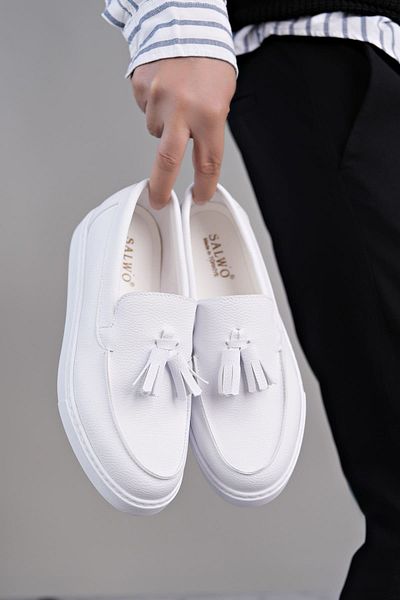 Zerenyus SLW153 Bloom Laceless Tasseled Skin Ανδρικά καθημερινά αθλητικά κλασικά παπούτσια BT - Λευκό
