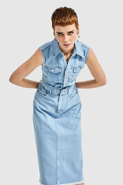 its basic Rochie de damă, culoare albastră, lungime midi, 100% bumbac, cu nasturi în față