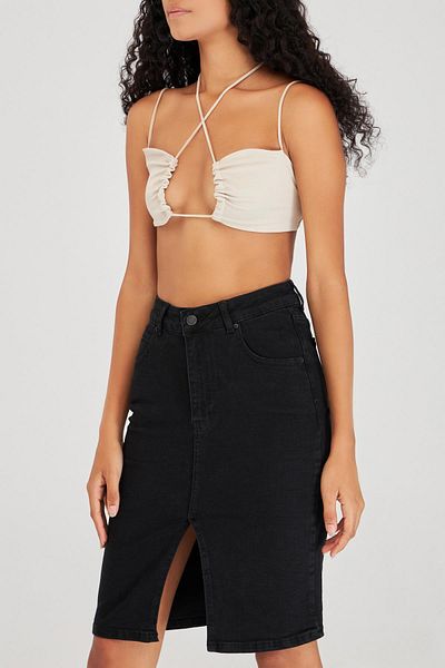 its basic Women's Black Stonewashed Color Black Od Slit Detailed Midi Length Lycra High Waist Jean Skirt