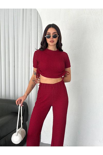 BYKUZEYARAS Women's Seersucker Fabric Crop Stylish Casual Set with Shirring Detail on the Sides