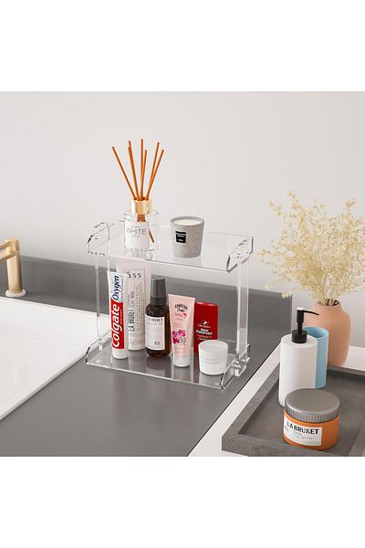 Generic منظم حمام أكريليك مزدوج الطبقات مع رف سطح عمل مضاد للانزلاق لتخزين أدوات المكياج والمطبخ والخزانة