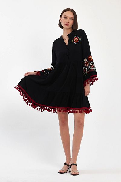 Denismoda Women's Chief Collar Tasseled Embroidery Detailed Dress