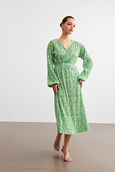 MODAGEN Rochie de damă cu model de flori verzi, cu guler dublu, cu talie elastică, lungime midi