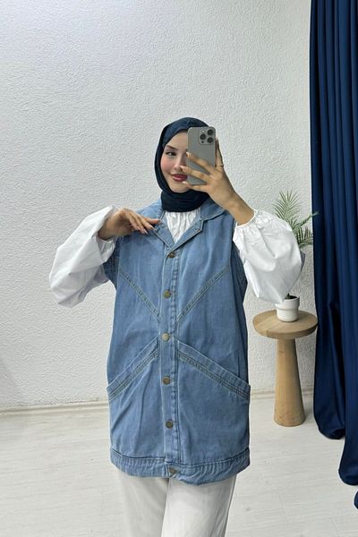 lurex moda Denim Vest with Cross Pockets