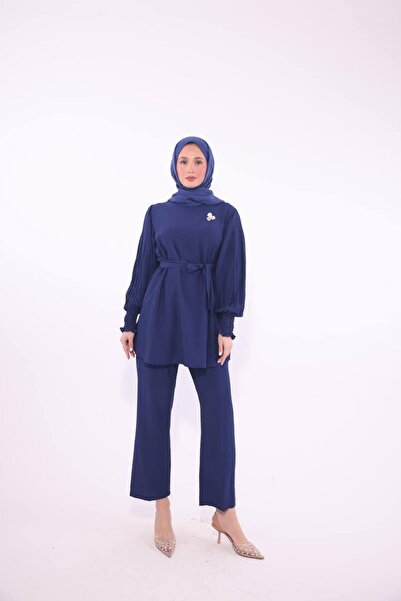 By Kuzey Aras Γυναικεία Σετ Μπλούζα Παντελόνι με Κασκόλ με Λεπτομέρεια Κασκόλ με Ζώνη