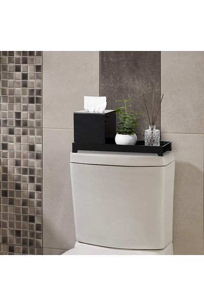 Generic Modern Black Acrylic Toilet Tank Tray Set with Tissue Cover - 2PC Bathroom Organizer
