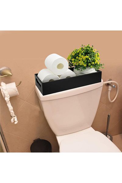 Generic Black Acrylic Toilet Paper Holder with Storage - Tank Tray with Handles for Bathroom Decor