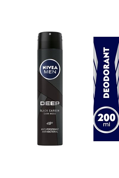 NIVEA مزيل عرق بخاخ للرجال برائحة الكربون الأسود العميق 200 مل، حماية طويلة الأمد من الروائح الكريهة
