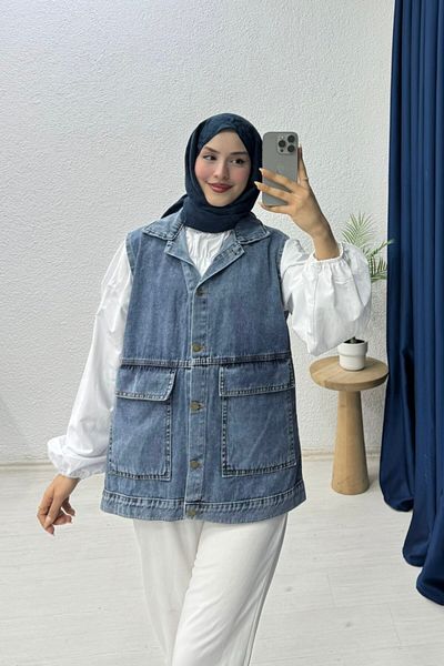 lurex moda Denim Vest with Bag Pocket