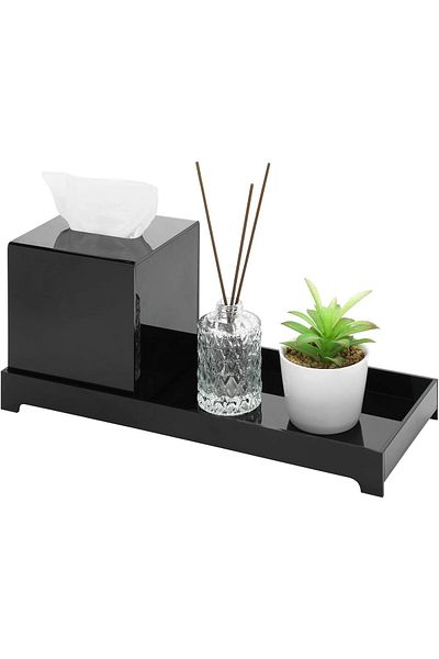 Generic Modern Black Acrylic Toilet Tank Tray Set with Tissue Cover - 2PC Bathroom Organizer