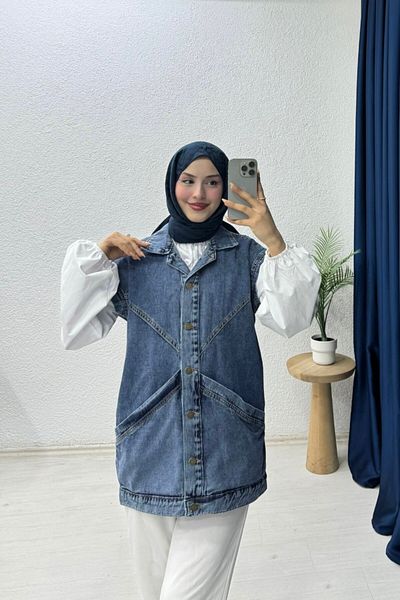 lurex moda Denim Vest with Cross Pockets