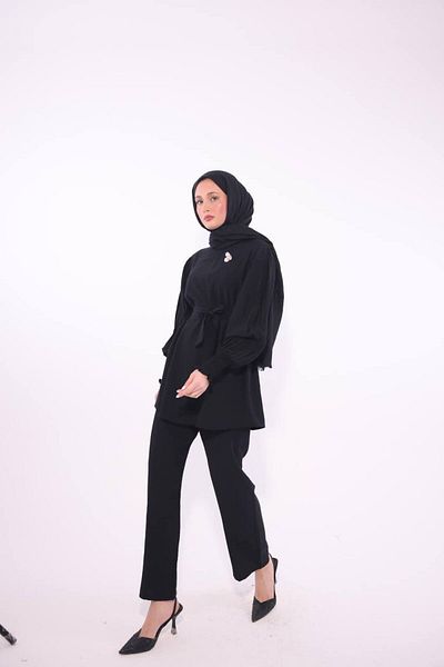 BYKUZEYARAS Set de bluză pentru pantaloni, cu mâneci cu curea, cu broșă pentru hijab pentru femei