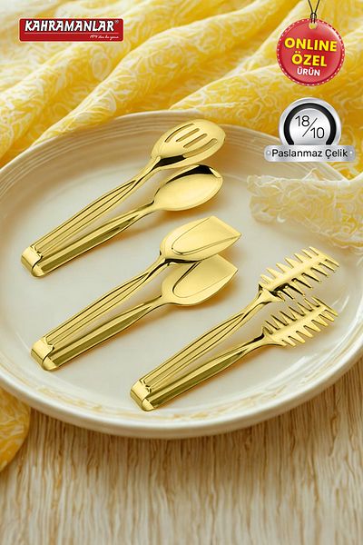 Kahramanlar Demre 3-Piece Gold Steel Grilled Salad Crepe Tongs Set