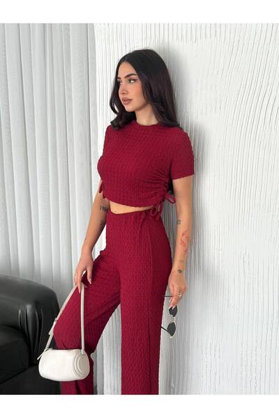 By Kuzey Aras Women's Seersucker Fabric Crop Stylish Casual Set with Shirring Detail on the Sides